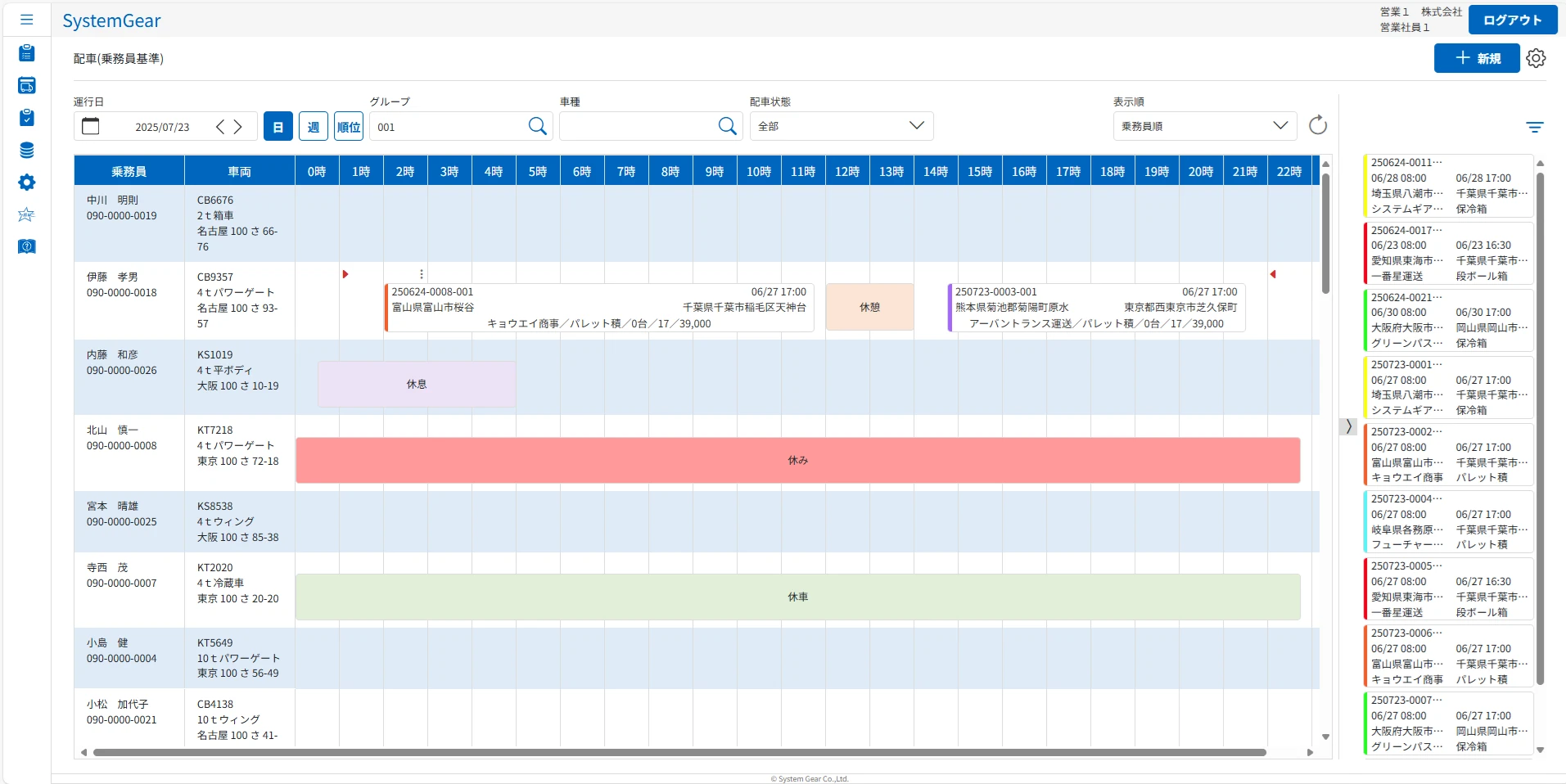 クラウド配車システムでの休憩・休息・点呼情報の可視化画面