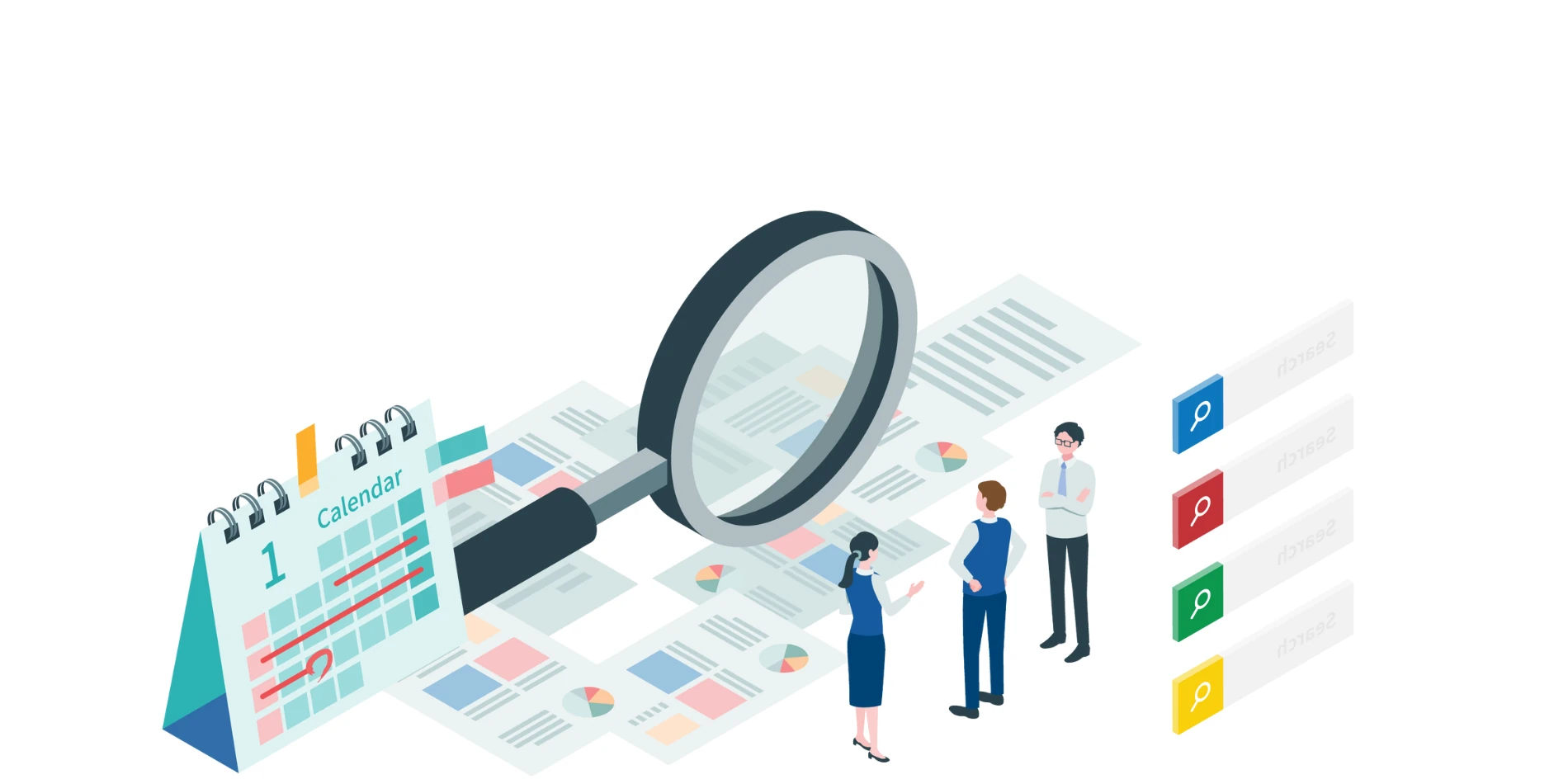 案件の分類や進捗状況を色で見分けやすくした配車表の画面例